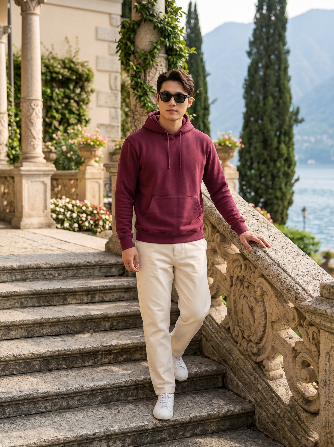 
Men's maroon cotton pullover hoodie, full-length front stairway view
