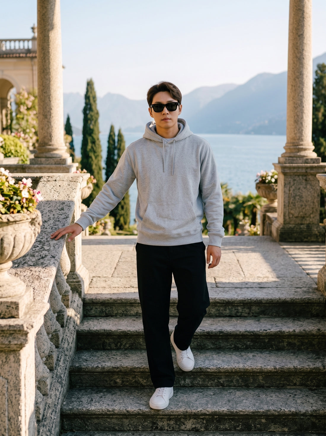 
Men's light grey cotton pullover hoodie, full-length front stairway view
