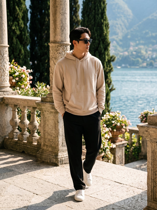 
hombre beige cotton pullover hoodie, full-length front lifestyle view
