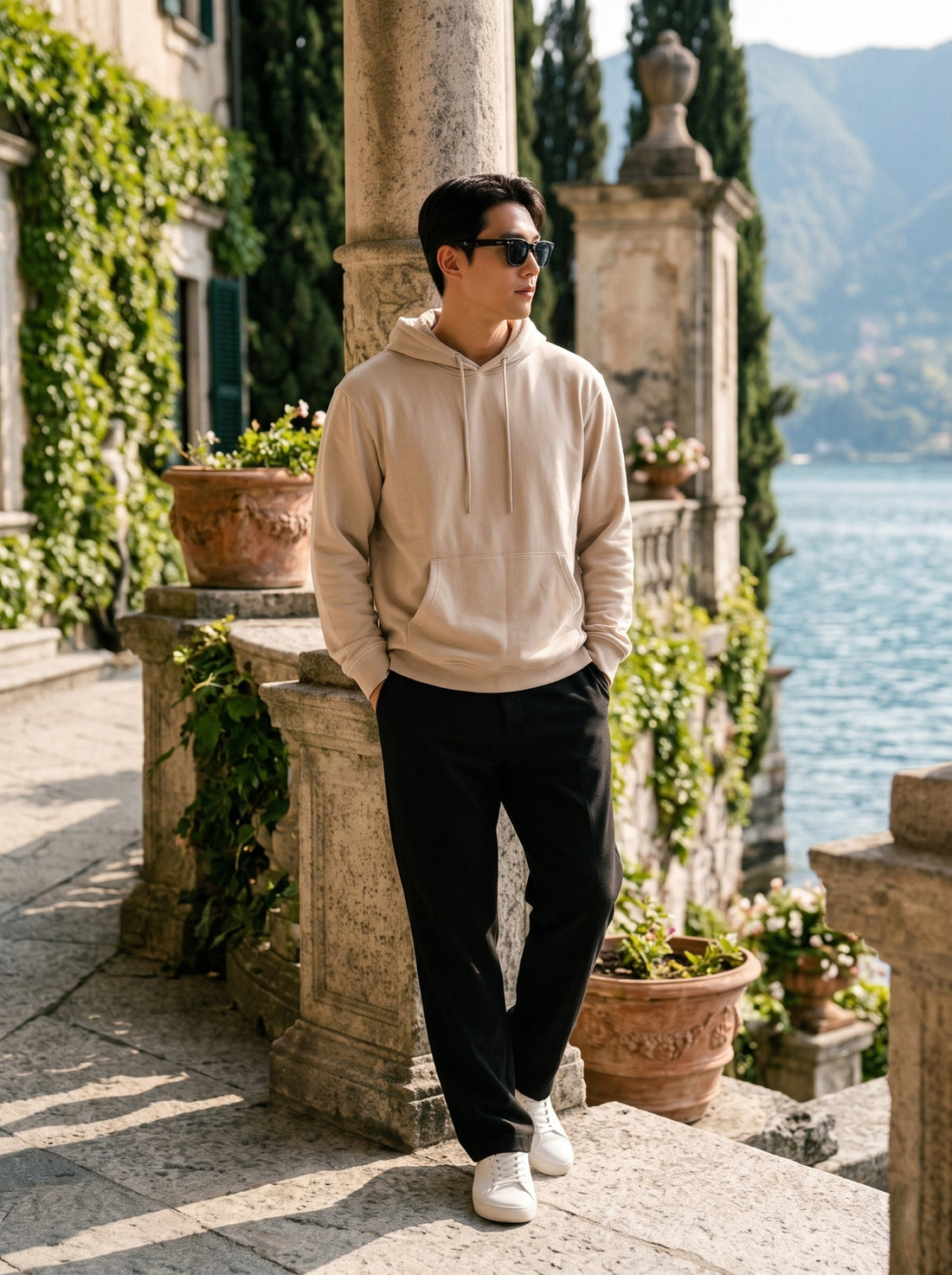 
hombre beige cotton pullover hoodie, full-length leaning front view
