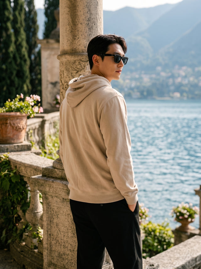 
hombre beige cotton pullover hoodie, rear three-quarter view
