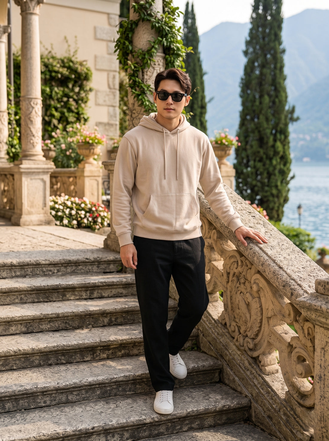 
hombre beige cotton pullover hoodie, full-length front stairway view
