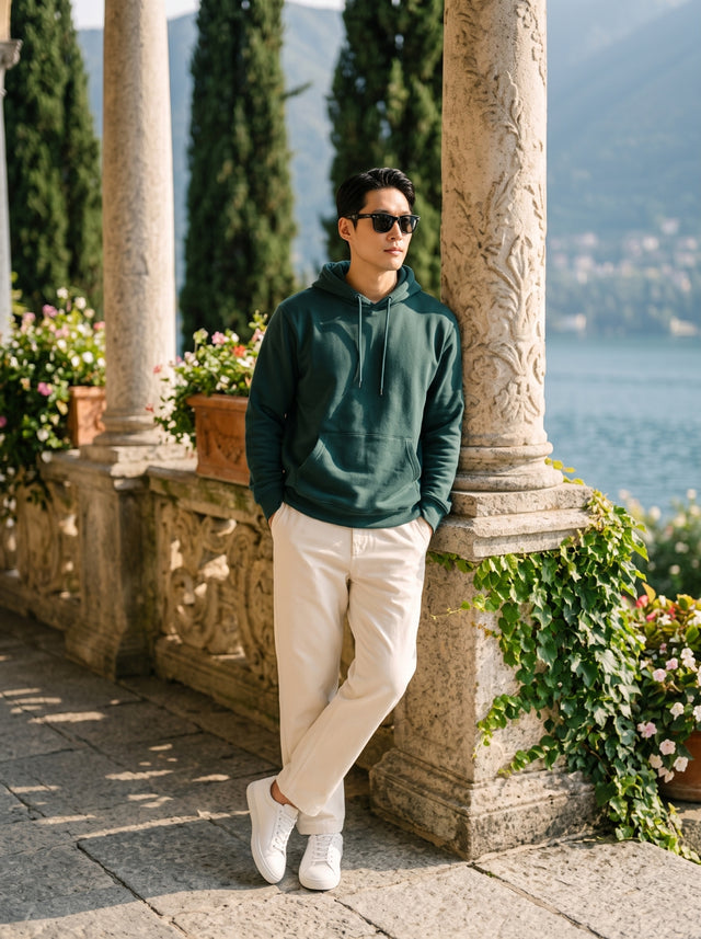 
Men's forest green cotton pullover hoodie, full-length leaning front view
