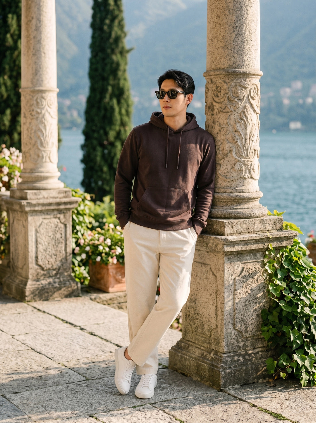 
Men's chocolate brown cotton pullover hoodie, full-length leaning front view
