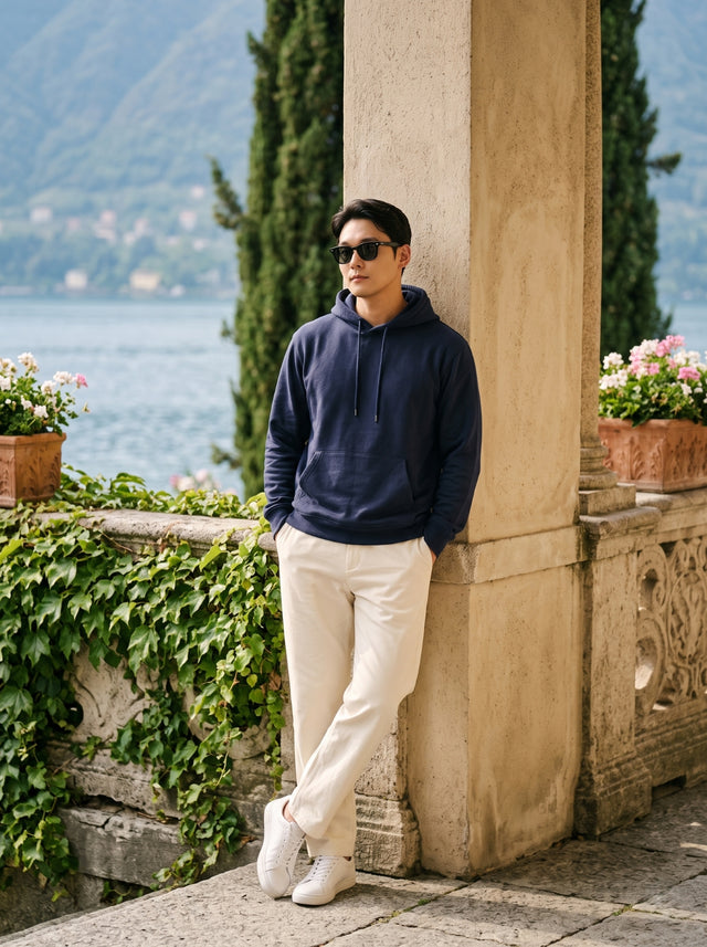 
Men's navy blue cotton pullover hoodie, full-length leaning front view
