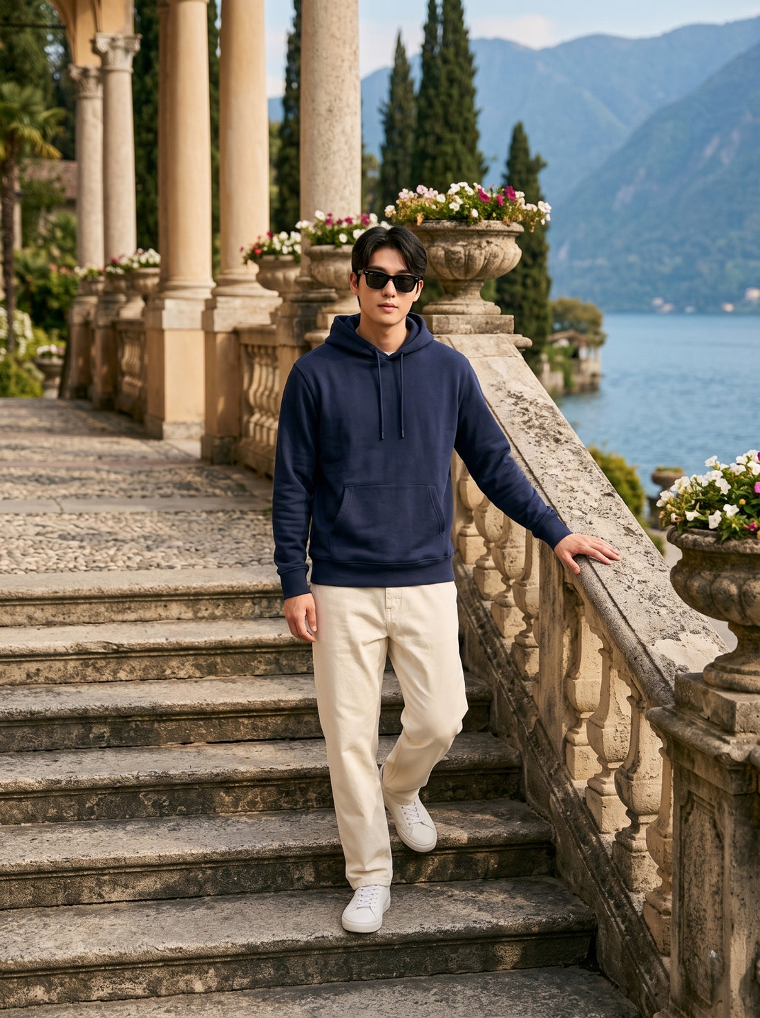 
Men's navy blue cotton pullover hoodie, full-length front stairway view
