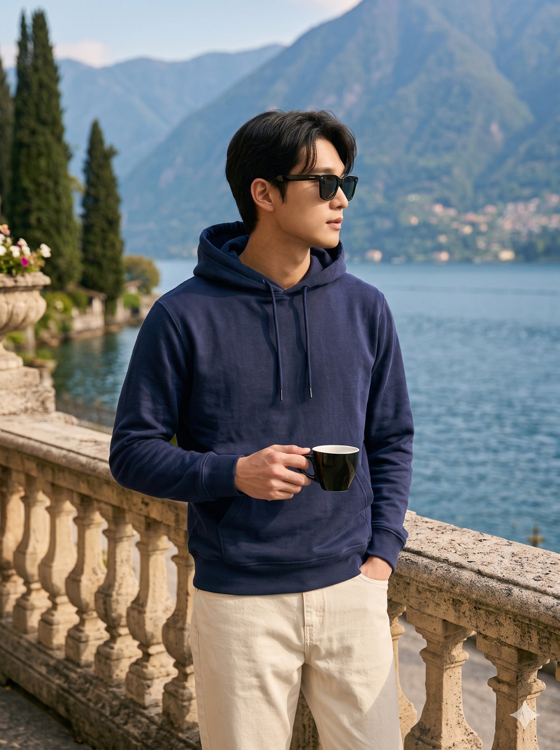 
Men's navy blue cotton pullover hoodie, front mid-length lifestyle view

