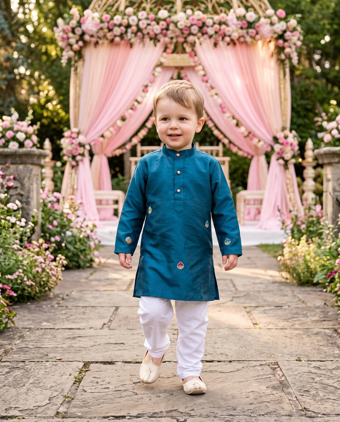 TryBuy teal-blue embroidered boys kurta, size 2–3 years, full front view with mandarin collar and long sleeves