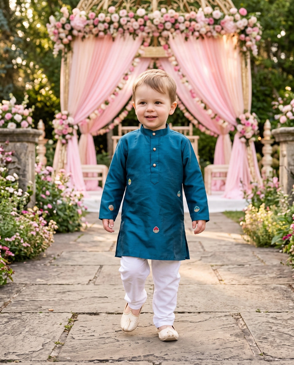 TryBuy teal-blue embroidered boys kurta, size 2–3 years, full front view with mandarin collar and long sleeves