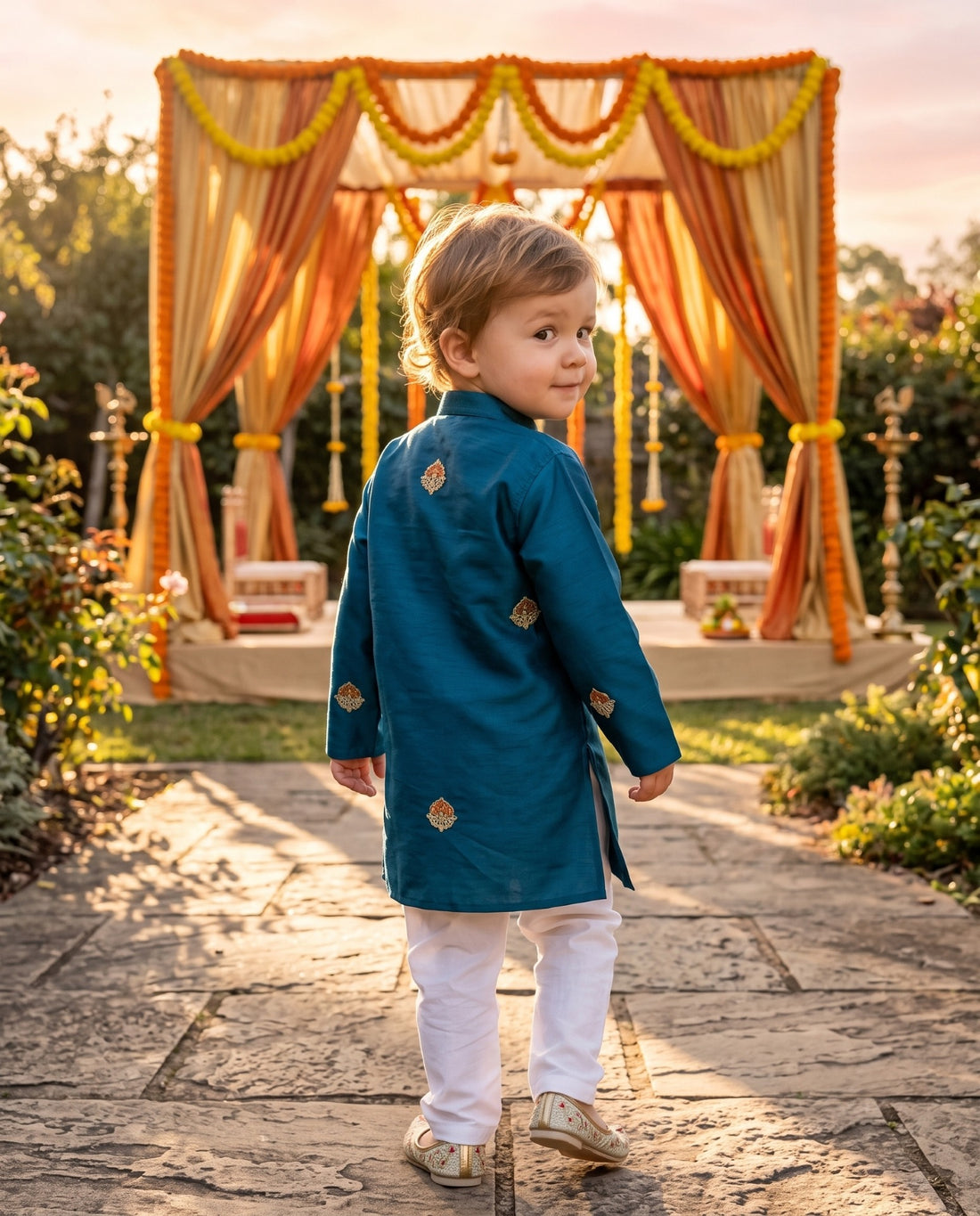 Back view of TB_973_KID teal-blue embroidered kids kurta showing scattered motifs and straight hem