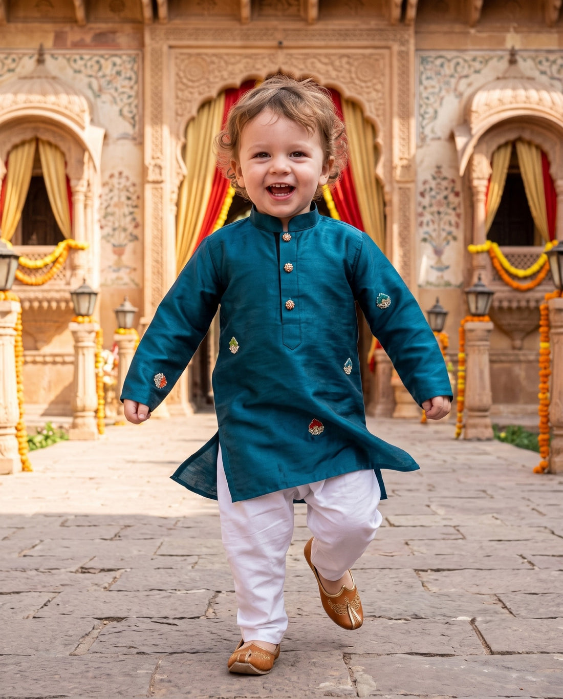 TryBuy teal-blue embroidered boys kurta in a festive courtyard, full-length walking view