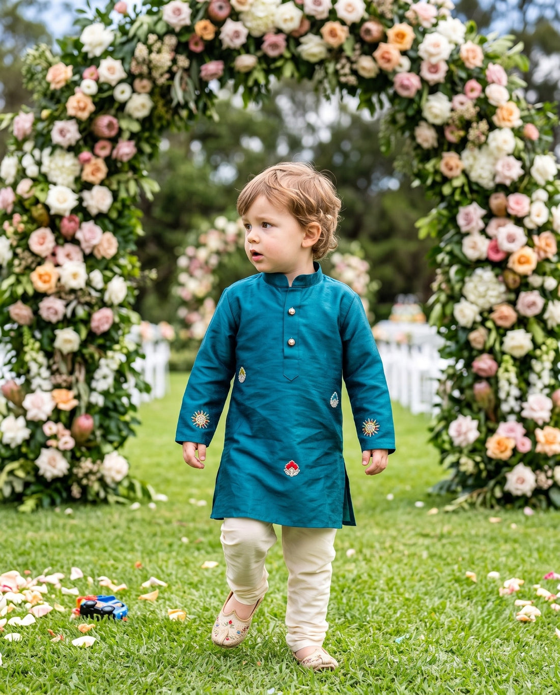 Garden view of TryBuy teal-blue boys embroidered kurta styled with ivory trousers