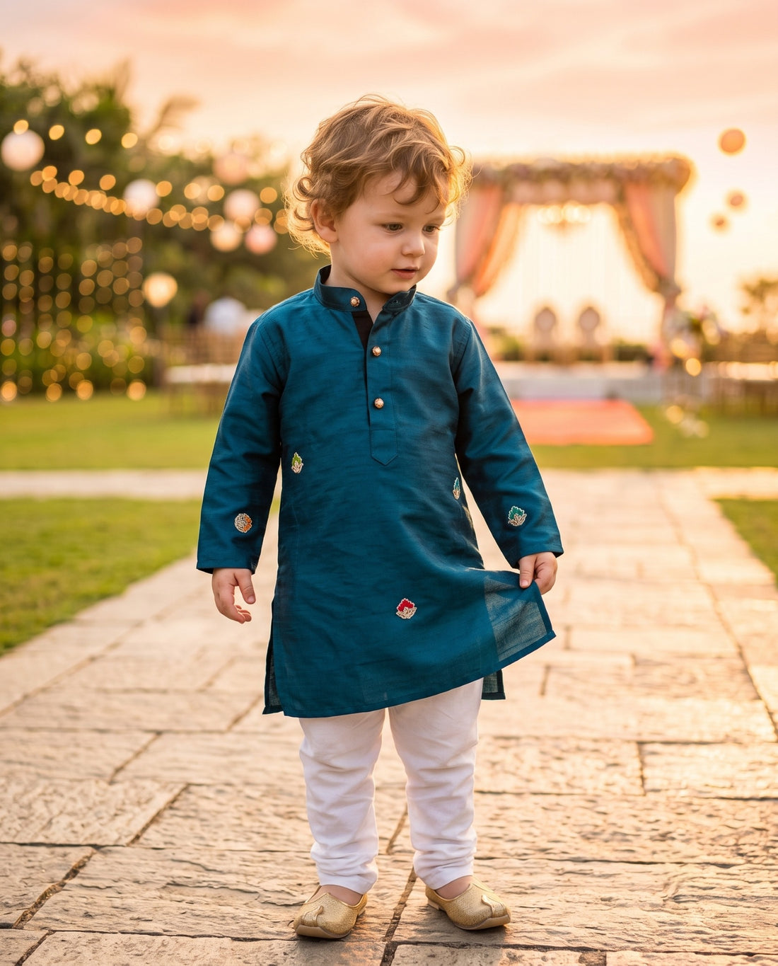 TryBuy teal-blue kids kurta showing straight hem, side slit and small embroidered motifs