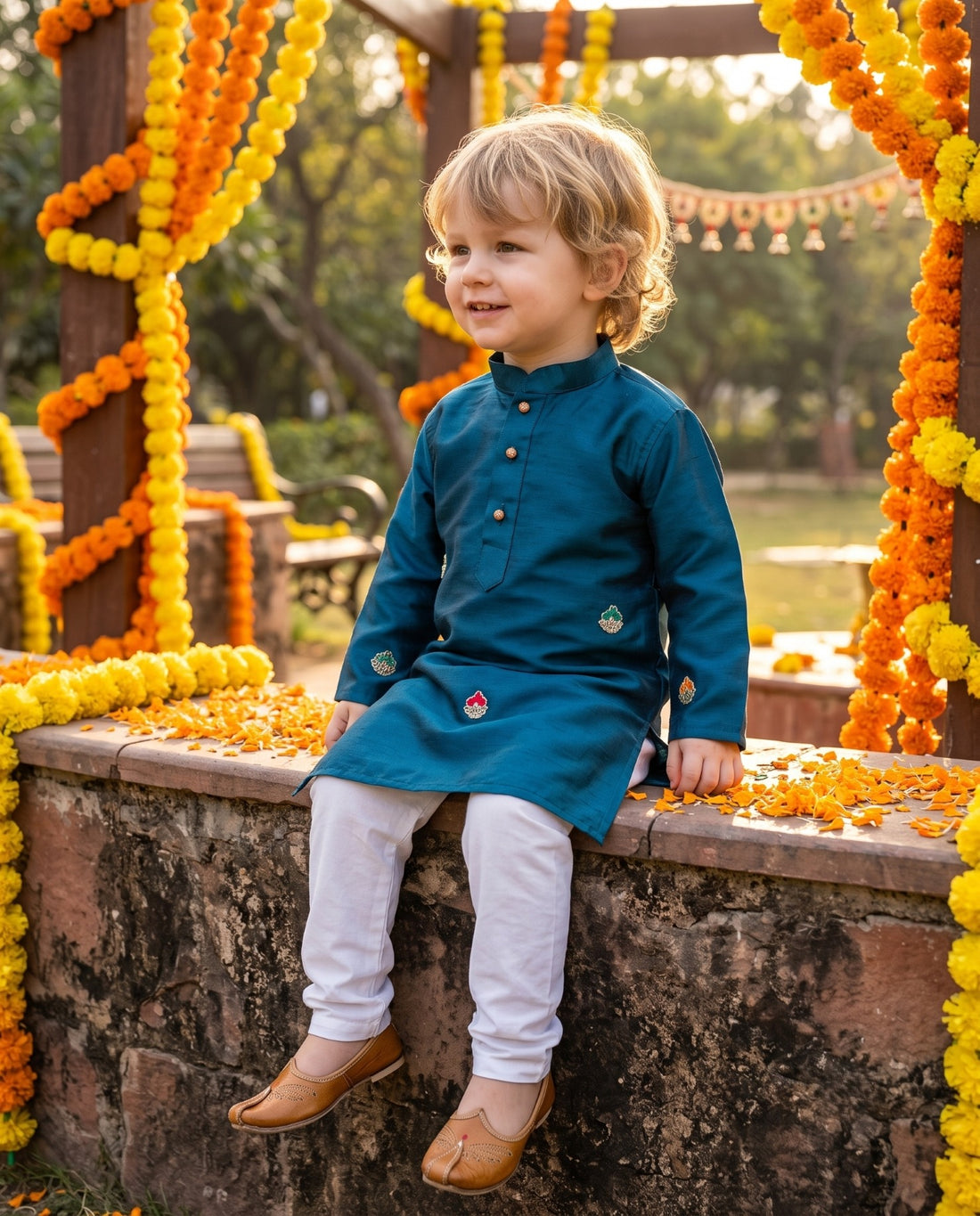 Seated view of TryBuy teal-blue boys kurta showing mandarin collar, button placket and sleeve embroidery