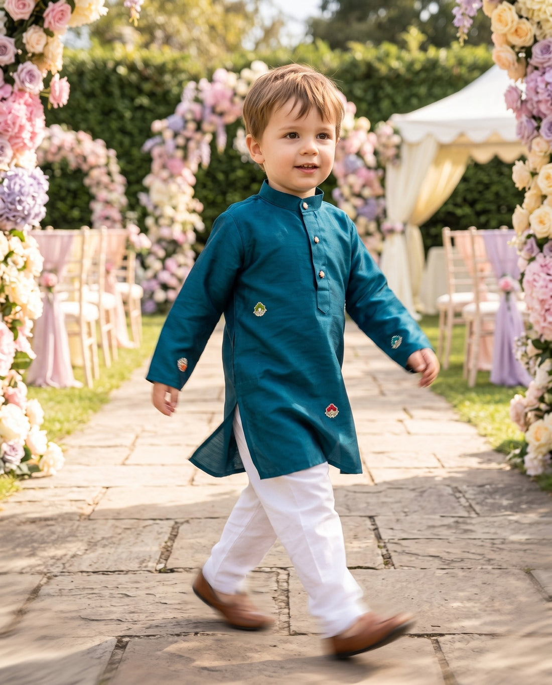 TryBuy teal-blue embroidered boys kurta for ages 2–3, walking side view showing side slit and long sleeves
