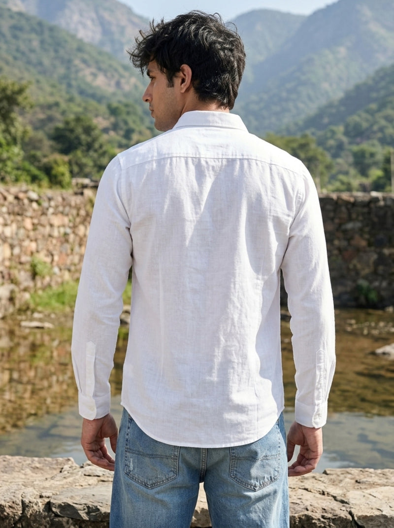TryBuy Men's Solid White Linen Shirt – Full Sleeve Button-Down 6