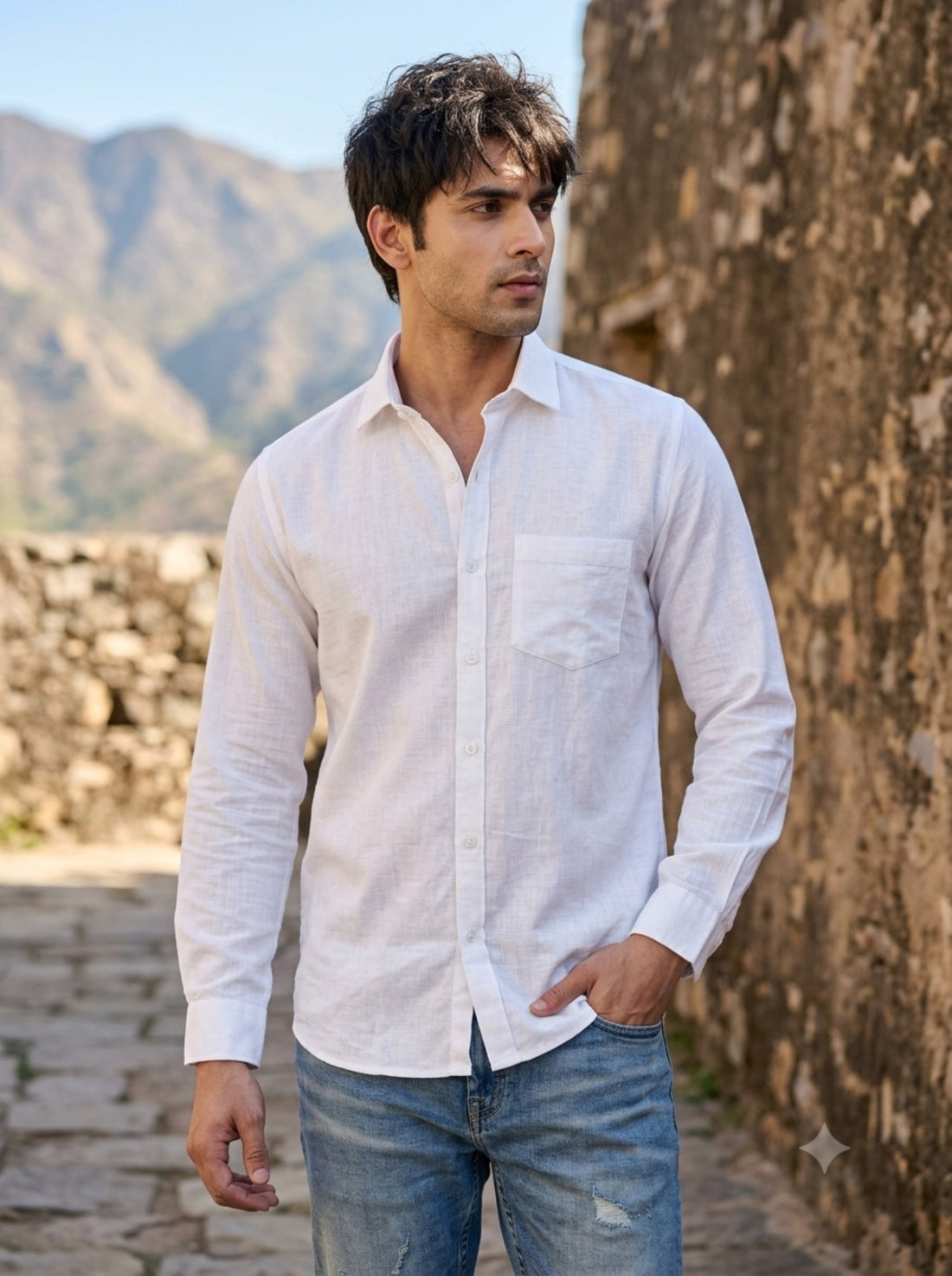 
White linen shirt detailed front view of collar pocket button placket
