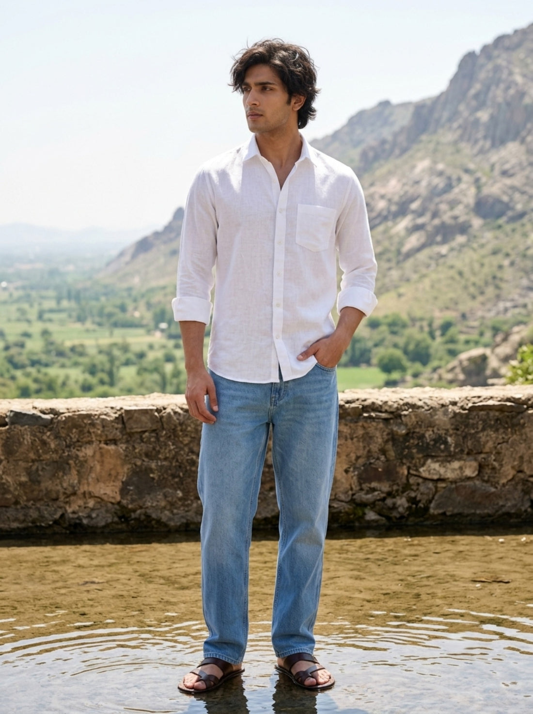 
TryBuy men's white linen shirt full-length outdoor front view
