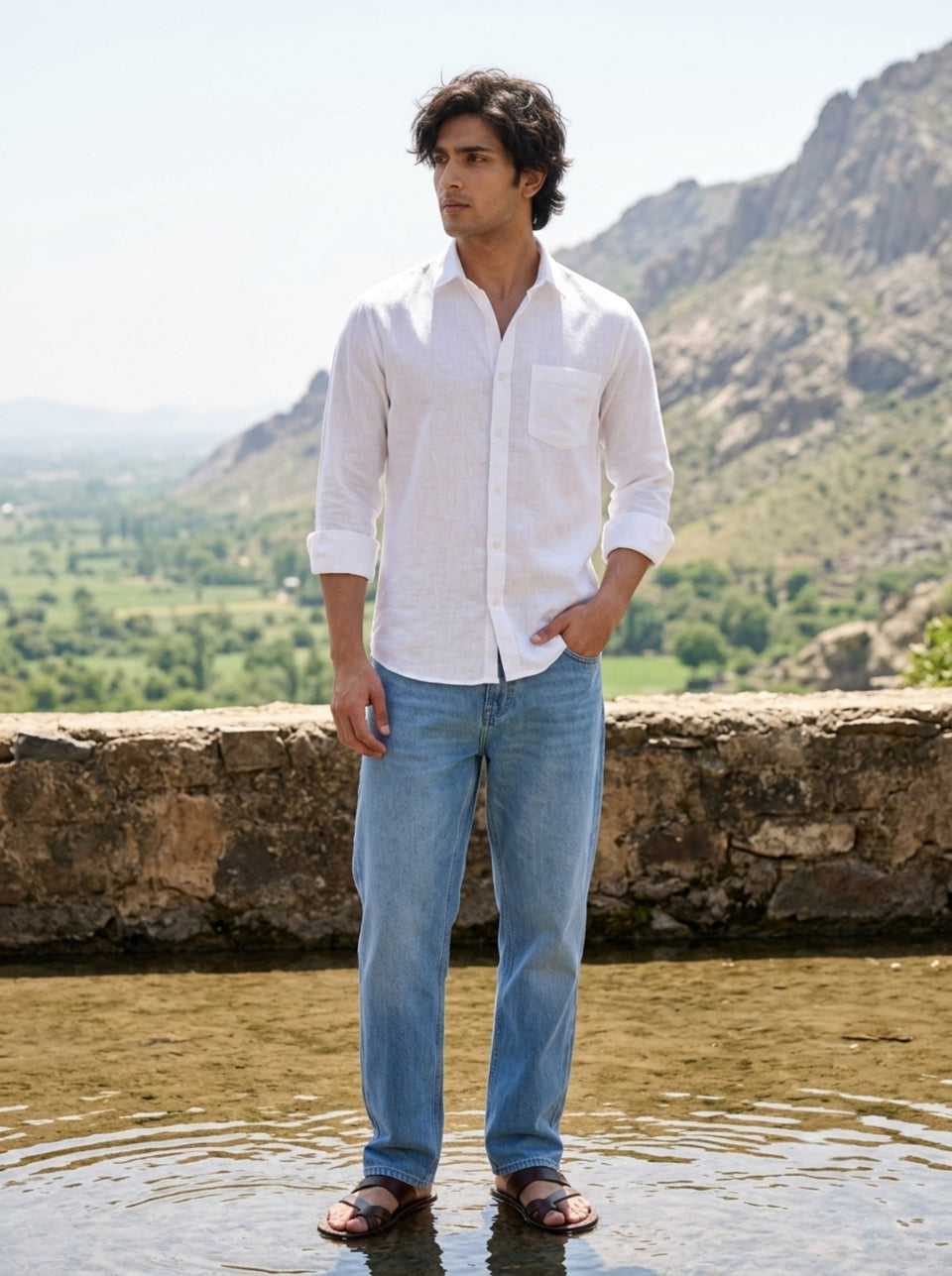 
TryBuy men's white linen shirt full-length outdoor front view
