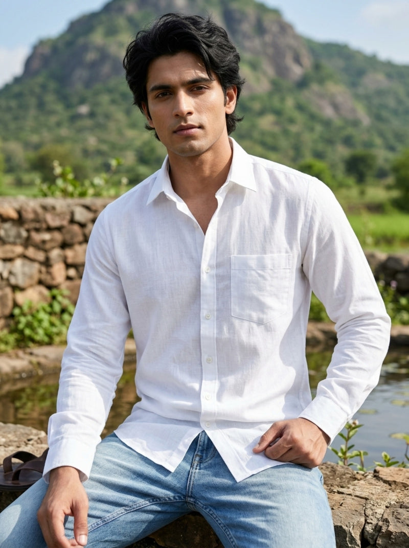TryBuy Men's Solid White Linen Shirt – Full Sleeve Button-Down 3