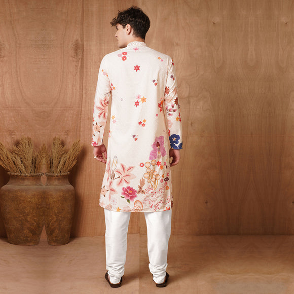 Back view of Men's Multicolor Floral Printed Kurta with intricate Chikankari embroidery, designed for traditional occasions.