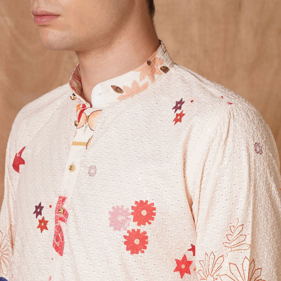 Close-up of collar and button placket on Men's Floral Chikankari Kurta - Multicolor Ethnic Wear with fine embroidery details.