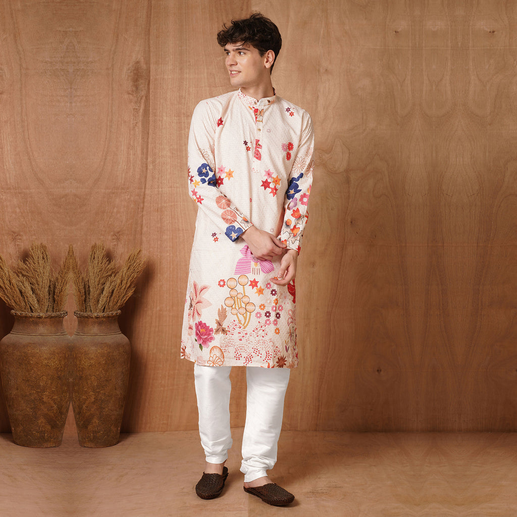 Men's Floral Chikankari Kurta - Multicolor Ethnic Wear styled with white bottoms, ideal for haldi, weddings, and cultural celebrations.