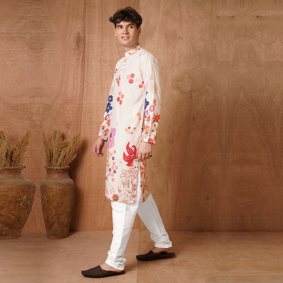 Side profile of Men's Multicolor Floral Printed Kurta with detailed floral motifs, styled for festive and ceremonial wear.