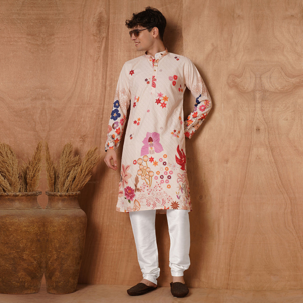 Full front view of Men's Floral Chikankari Kurta - Multicolor Ethnic Wear paired with white churidar, perfect for traditional events.