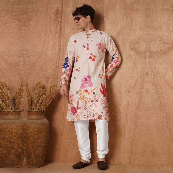 Full front view of Men's Floral Chikankari Kurta - Multicolor Ethnic Wear paired with white churidar, perfect for traditional events.
