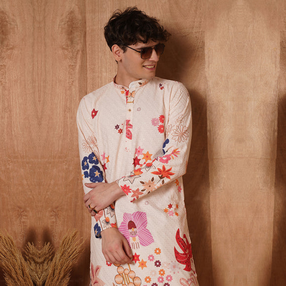 Men's Floral Chikankari Kurta - Multicolor Ethnic Wear with vibrant floral prints, ideal for weddings and festive occasions.