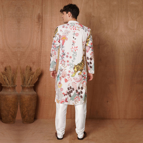 Back view of men's white Chikankari kurta with vibrant tiger and floral motifs, stylish choice for traditional celebrations.