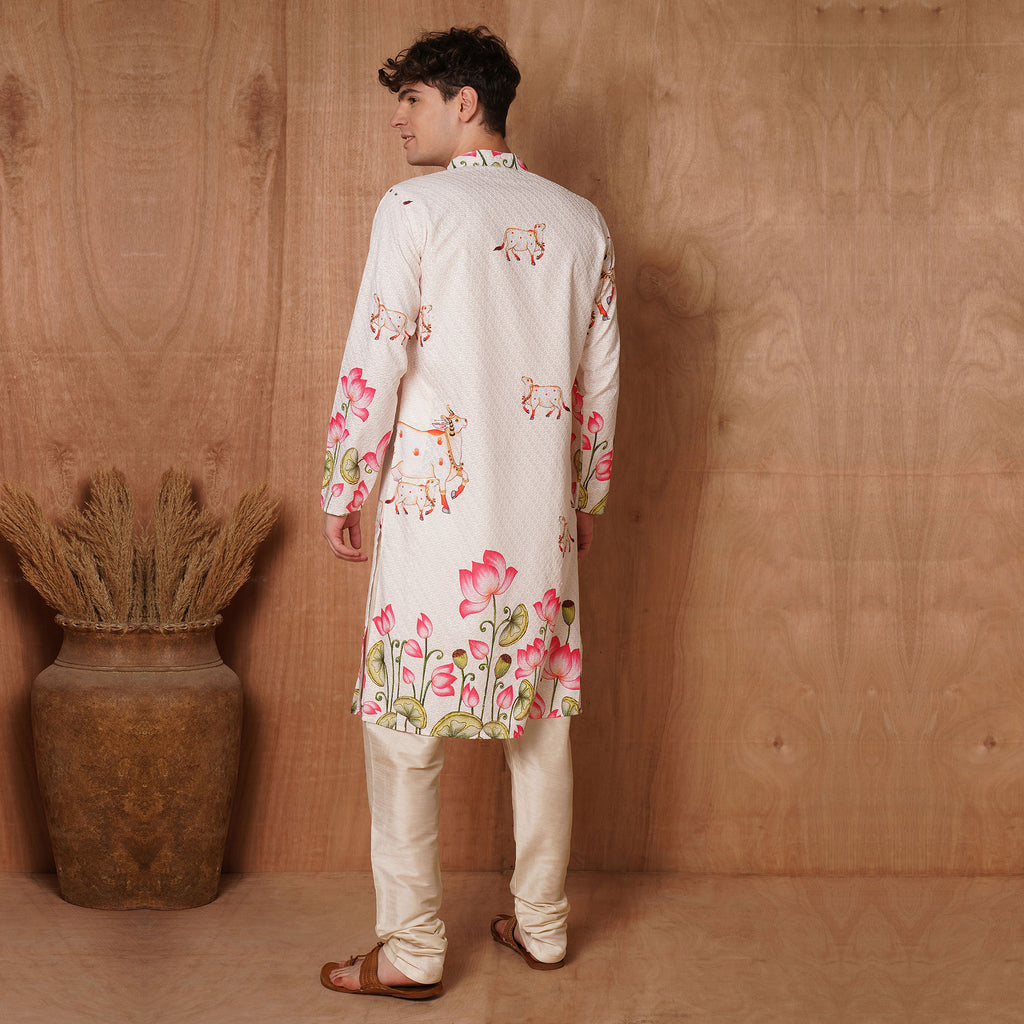 Back view of men's cream Chikankari Kurta with hand-painted cows and blooming lotus print, perfect for ethnic celebrations.