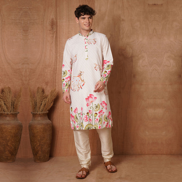 Front view of men's Chikankari Kurta in cream with divine cows and lotus prints, traditional attire for weddings and festivals.