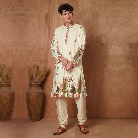 Full front view of men's cream Chikankari kurta with nature-inspired print. A perfect blend of comfort and festive style.