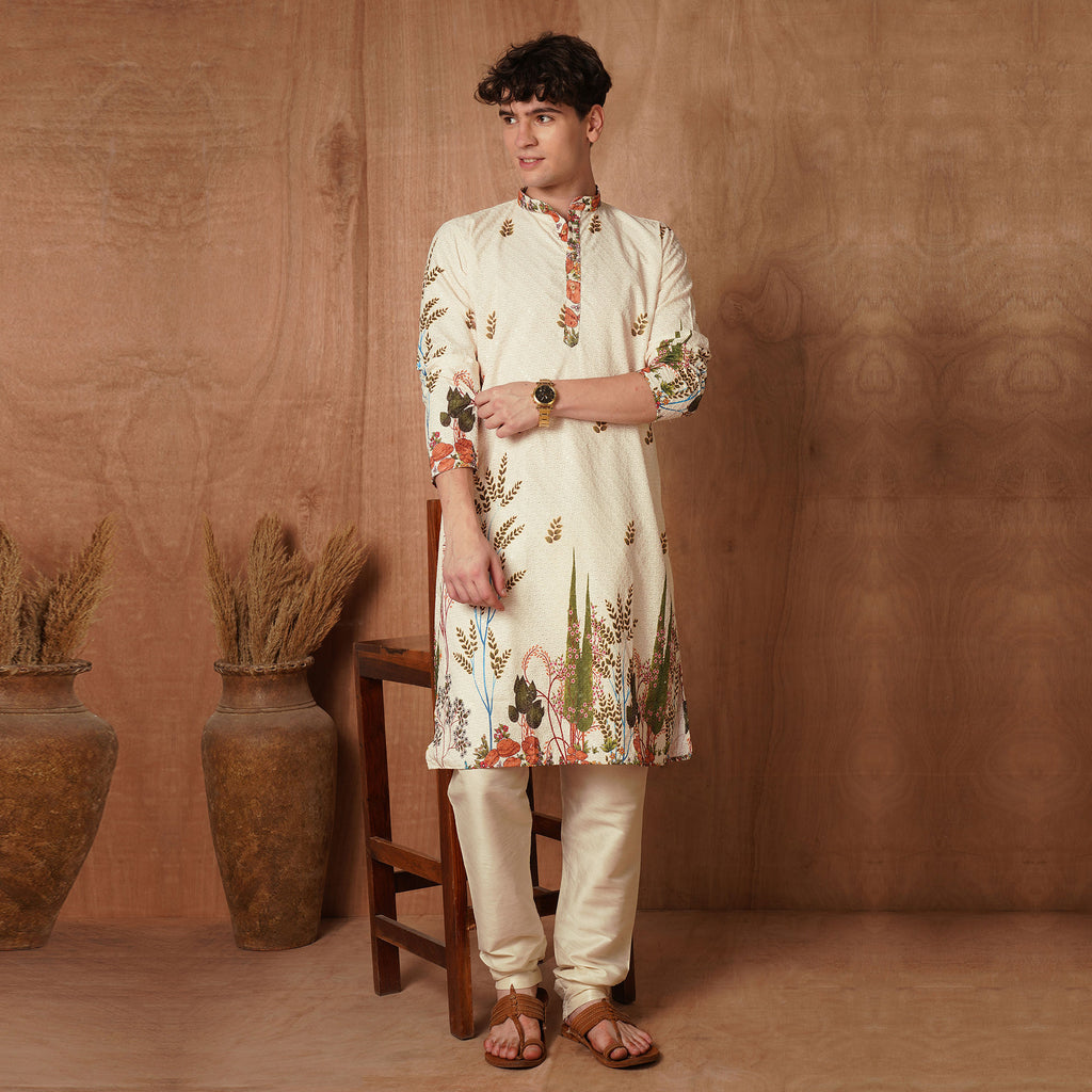 Men's Chikankari Kurta in cream with harvest-inspired floral print, perfect for festive wear. Traditional ethnic kurta with nature-themed design.
