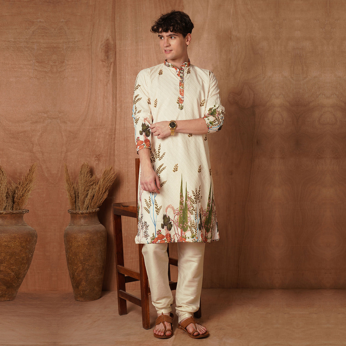 Men’s Cream Chikankari Harvest Print Kurta