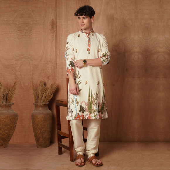 Men's Chikankari Kurta in cream with harvest-inspired floral print, perfect for festive wear. Traditional ethnic kurta with nature-themed design.