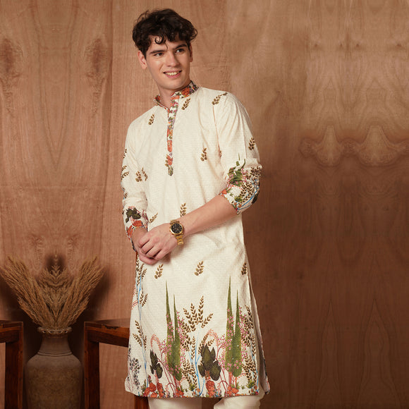 Cream Chikankari Kurta for men with colorful harvest-inspired print on sleeves and hem. Ideal for traditional and ceremonial occasions.