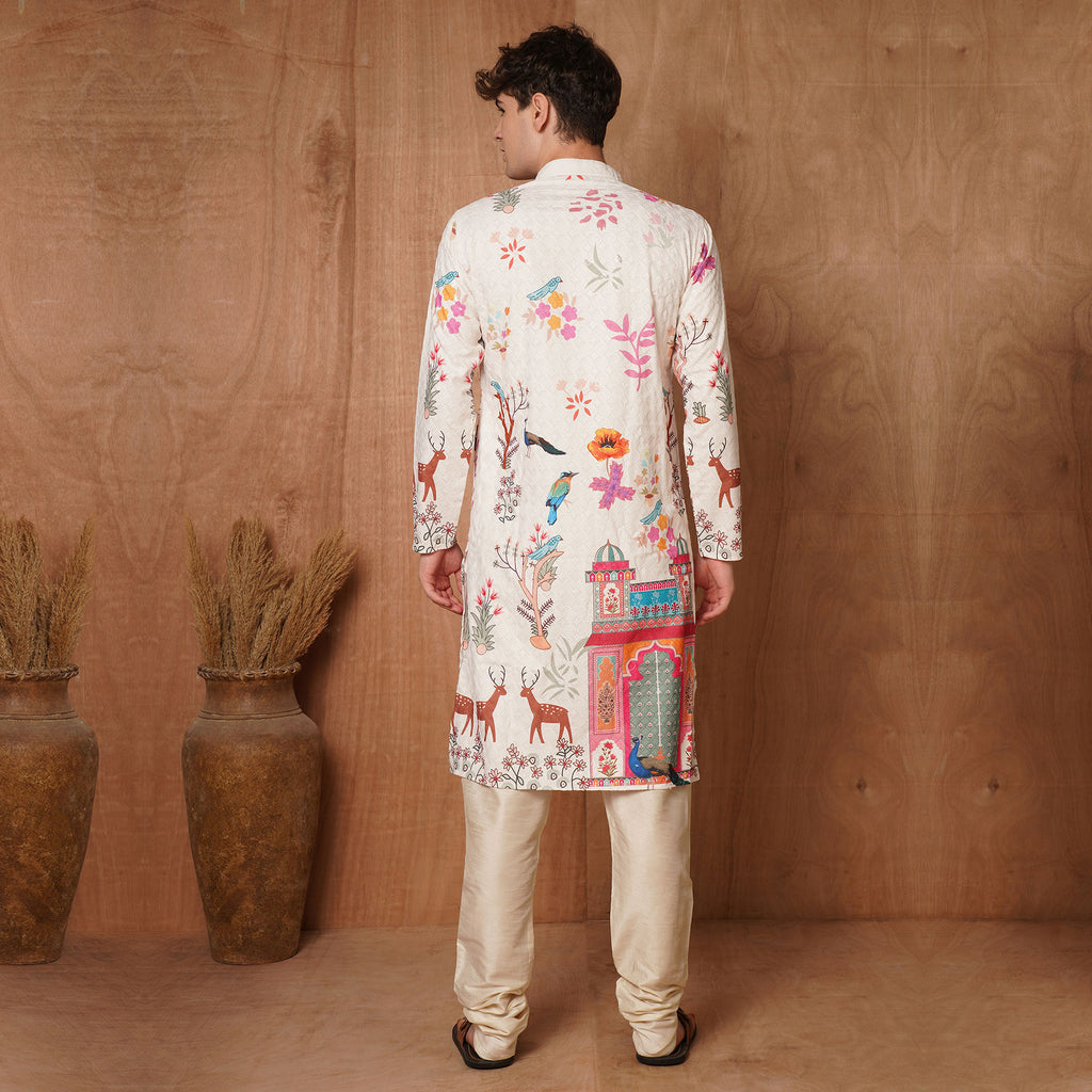 Back view of cream Chikankari kurta featuring colorful Mughal architecture and floral print, ideal for festive attire.