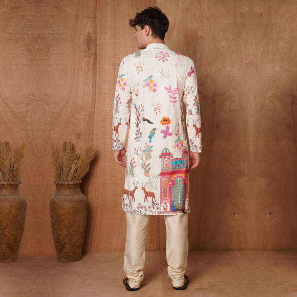 Back view of cream Chikankari kurta featuring colorful Mughal architecture and floral print, ideal for festive attire.