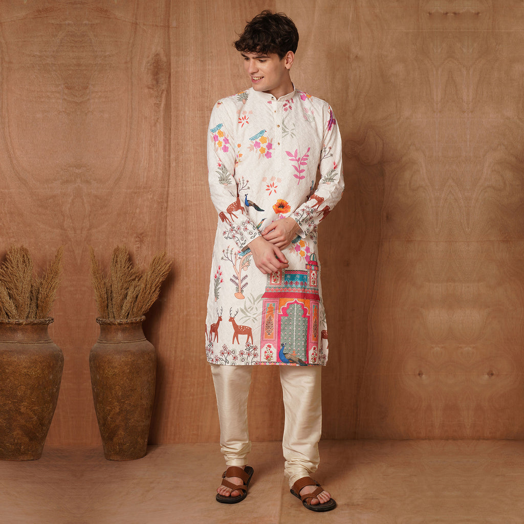 Full front view of cream Chikankari cotton kurta with vibrant Mughal floral and deer motifs, styled for ethnic wear.