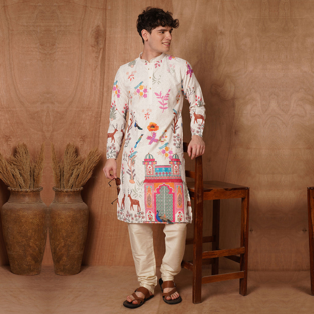 Chikankari Kurta - Mughal Print in cream cotton with vibrant floral and animal motifs, perfect for festive ethnic wear.