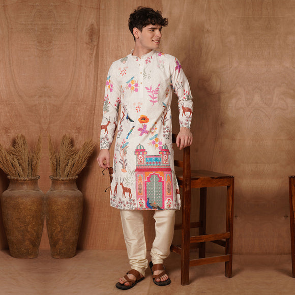 Chikankari Kurta - Mughal Print in cream cotton with vibrant floral and animal motifs, perfect for festive ethnic wear.