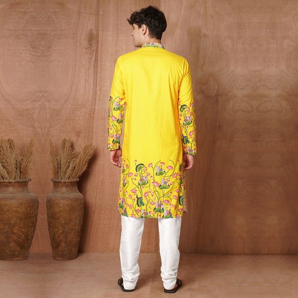 Back view of Men’s Yellow Floral Kurta showcasing full-length floral print and traditional festive design.