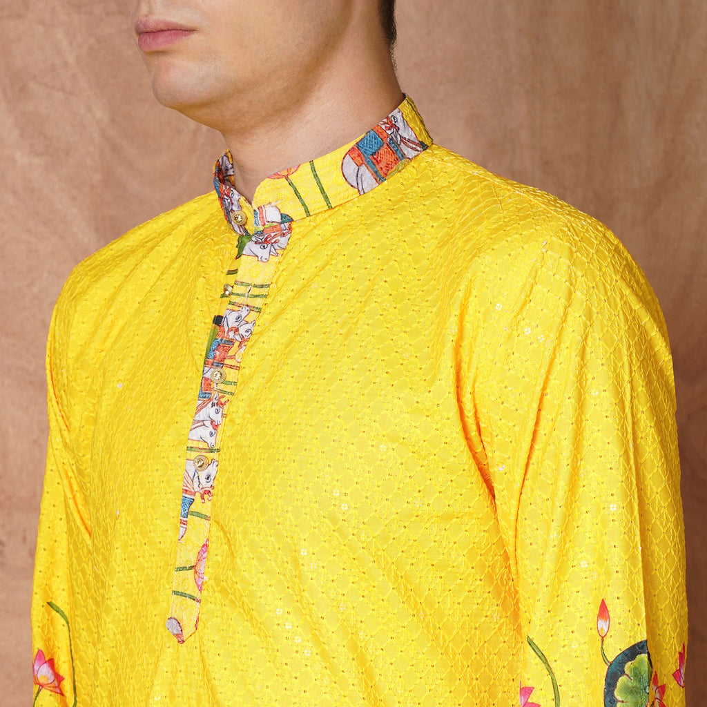 Detailed view of collar and placket design on Men’s Yellow Floral Kurta featuring multicolor floral accents.