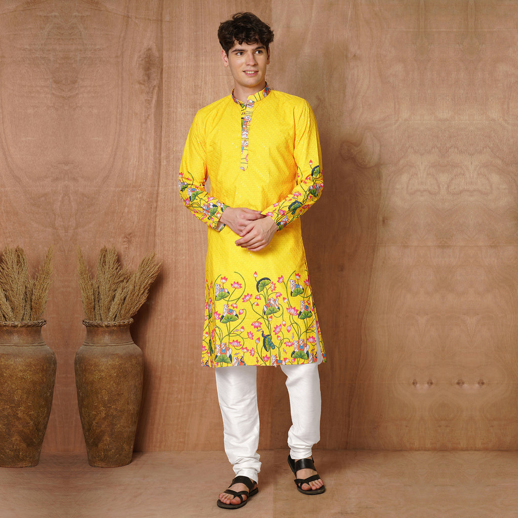 Men’s Yellow Floral Kurta - Festive Wear with vibrant lotus and peacock print, styled for Haldi and Diwali celebrations.