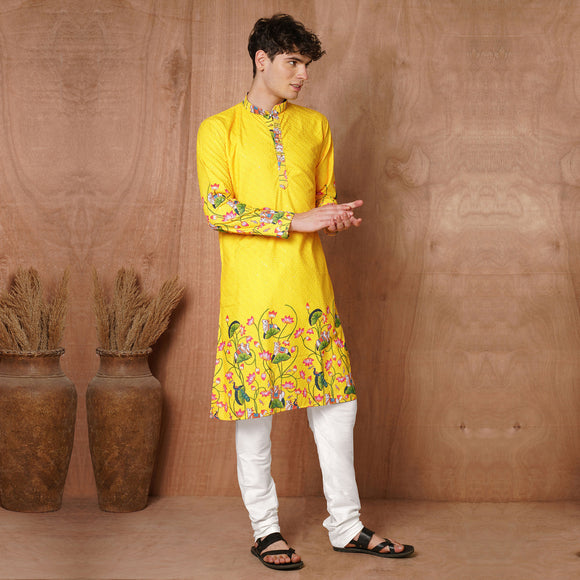 Side pose of Men’s Yellow Floral Kurta highlighting vibrant ethnic print and festive-ready design.