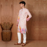 Men’s Pastel Pink Floral Kurta | Festive & Wedding Ethnic Wear with Vibrant Botanical Print 5