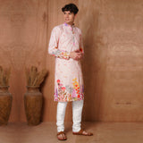 Men’s Pastel Pink Floral Kurta | Festive & Wedding Ethnic Wear with Vibrant Botanical Print 6